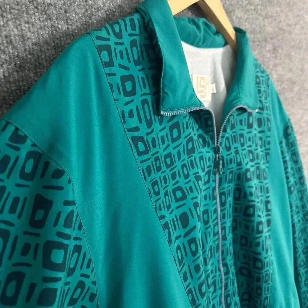 Vintage 90s LBH Windbreaker Womens Medium Teal Green Geometric Sporty Jacket - Picture 6 of 16